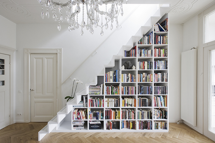 book storage books under staircase